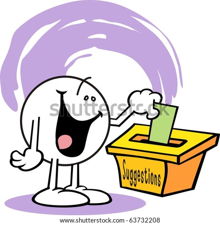 Moodie character, with broad smile, happily stuffing a suggestion into a suggestion box,