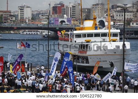 ISTANBUL,MAY 23:Unidentified public workers go on a 24-hour strike to protest the government on May 23,2012,in Istanbul,Turkey. They failed to reach an agreement on wage increases for two years.
