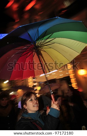 ISTANBUL,TURKEY-MARCH 8: Unidentified woman celebrates international women\'s day on March 8,2012,in Istanbul,Turkey