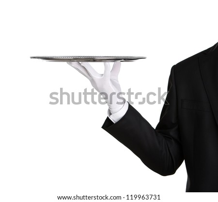 Waiter holding empty silver tray isolated on white background with copy space ストックフォト © 