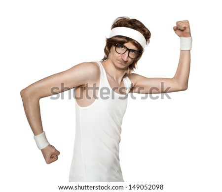 Funny Retro Nerd Flexing Muscle Isolated On White Background Stock ...