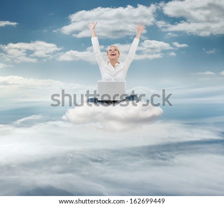Reach the sky concept. Young successful businesswoman with laptop in the sky