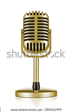 Music award, vintage gold microphone isolated on white background