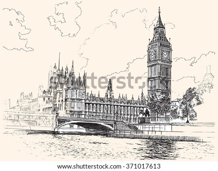 Big Ben and Houses of Parliament, Westminster, London, hand-drawing, vector illustration.