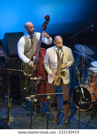 GRANADA / SPAIN - NOVEMBER 7, 2014:, Branford Marsalis, sax,  Eric Revis, bass, playing live music, at XXXV international jazz festival in Granada.