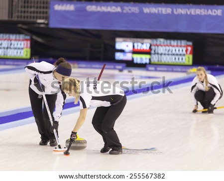 GRANADA, SPAIN - FEBRUARY 7: winter universiade 2015. Curling Women, Norway vs Switzerland. BAUMANN, WETTSTEIN, WYSS and JAEGGI from Switzerland.