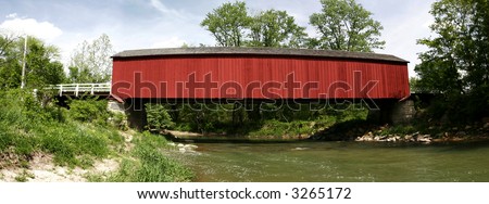Red wooden Covered Bridge Madison County panoramic
