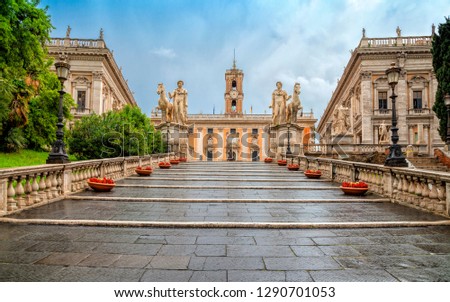 Michelangelo stairs to Capitoline square (Piazza del Campidoglio) on top of Capitoline Hill , Rome, Italy. Rome architecture and landmark. Rome cityscape. 商業照片 © 