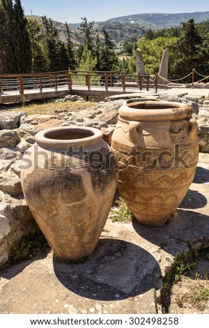 Clay jars at Knossos palace. Crete, Greece.