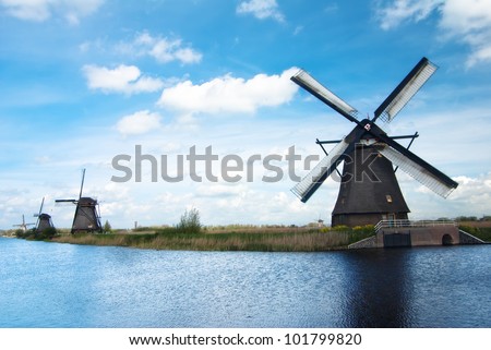 dutch landscape with old windmills