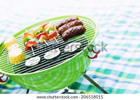 Bar-B-Q or BBQ with kebab cooking. coal grill of chicken meat skewers