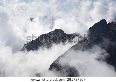 Mountains of Madeira island above the clouds at Pico Ruivo