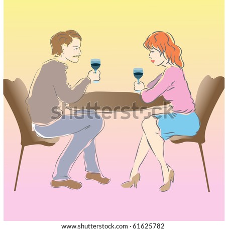Two behind a table in cafe drink wine