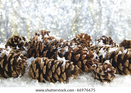 Snow covered pine cones against a sparkling background