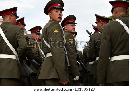 SAMARA,RUSSIA-MAY 6: young russian soldiers at repetition of the parade in the center of Samara, before annual Victory Day , May 6, 2012, Samara, Russia