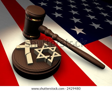 Judge\'s gavel smashing religious symbols of cross and star of David on an American flag