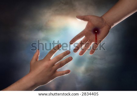 Hand of Christ reaching down from heaven to grab the hand of man