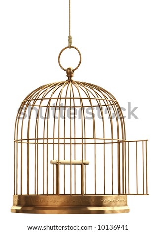 An Open Brass Birdcage Hanging On A String Over White Stock Photo ...