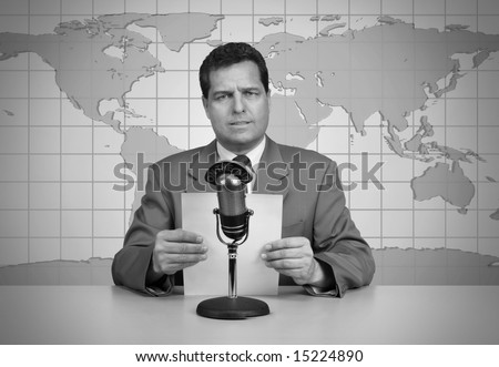 1950\'s era TV news anchor reading the news