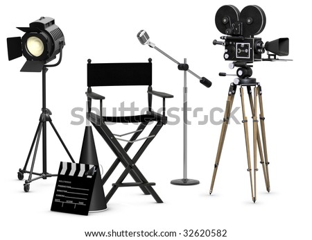 Empty movie set with vintage movie gear on a white background