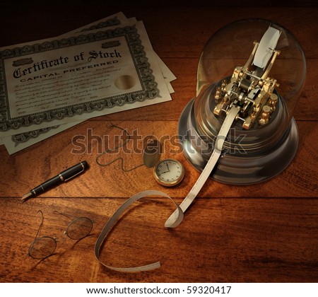 Vintage stock brokerage desk with ticker tape machine, simulated shares of stock, candlestick telephone, fountain pen, pocket watch and library desk lamp