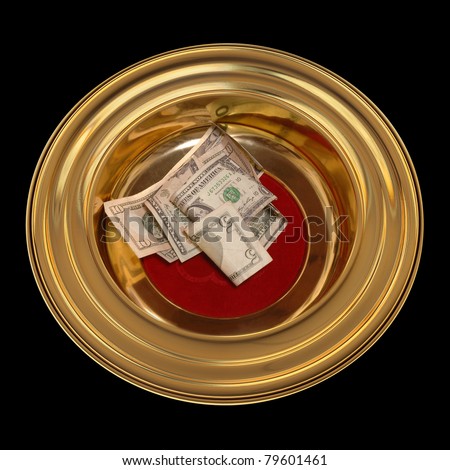 Church offering plate with some currency in it