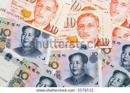 Mixture of Chinese and Singapore currency notes