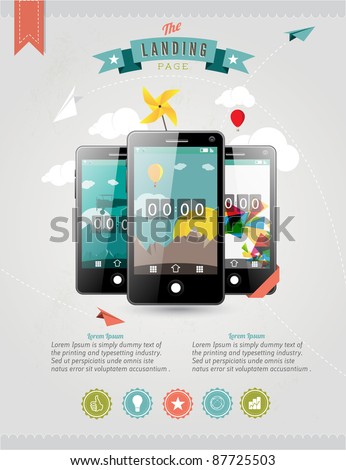 Vector Web Landing Page or Advertising Template with three touchscreen mobile phone devices and various icons