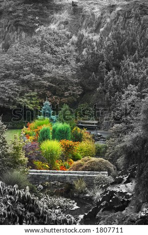 Arranged flowers along a stone bridge in Vancouver Queen Elizabeth Park. More with keyword group14h.