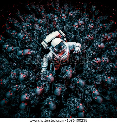 Planet of terror / 3D illustration of astronaut surrounded by a horde of robot zombie skeletons Stock fotó © 