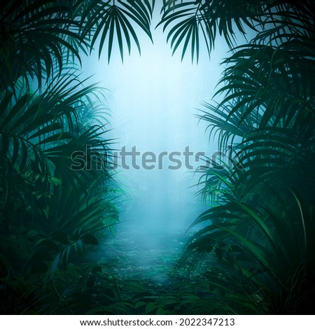 Misty jungle nature frame - 3D illustration of mysterious rainforest background with light rays shining through forest canopy framing copy space