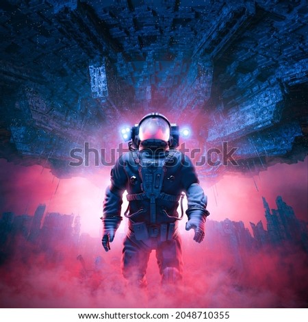Astronaut exploring invaded ruins - 3D illustration of science fiction space suit wearing character standing amid rubble in war torn futuristic city with giant space ship in the sky above