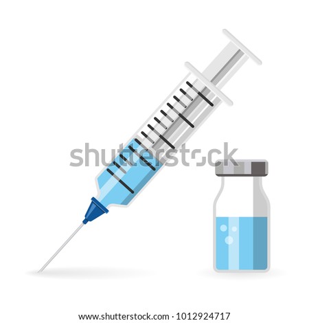 Icon plastic medical syringe with needle and vial in flat style, concept of vaccination, injection. Isolated vector illustration