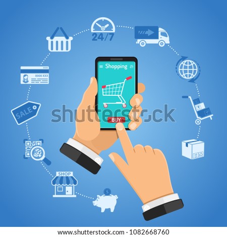 Online Shopping Concept with two color flat icons. Man holding smartphone in hand and buys goods online. Isolated vector illustration