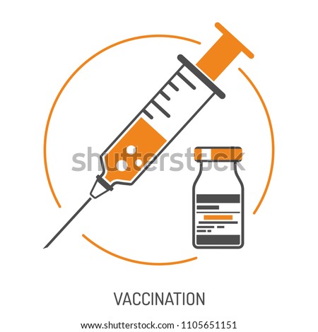 Icon plastic medical syringe with needle and vial in flat style, concept of vaccination, injection, isolated vector illustration
