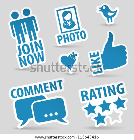 Set Social Media Stickers with Like, Speech Bubble, Heart, Like, Join and Bird Icon, isolated vector