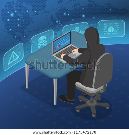 Hacker activity concept. Hacker sitting at table and hacking data through Internet on laptop. Internet Security vector isometric with Flat style Icons Virus and Bug.