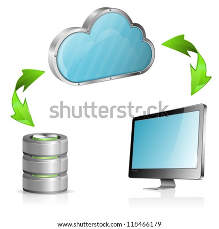 Cloud Computing Concept with Computer, Database Icon and Arrow, isolated on white background, vector