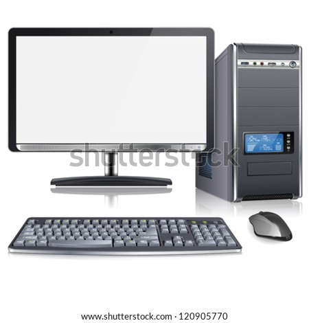 Realistic 3D Computer Case with Monitor, Keyboard and Mouse, isolated on white background. Vector illustration