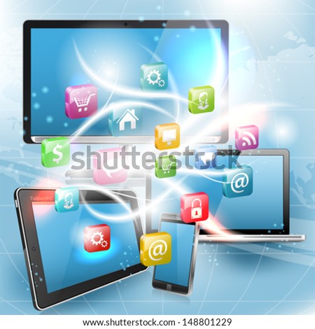 Business Concept with Tablet PC, Smartphone, Monitor, Laptop and Application icons, vector illustration