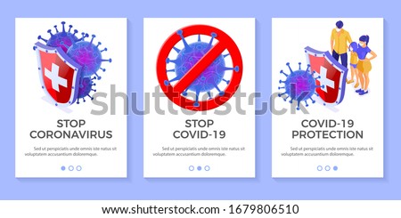 covid-19 virus strain with shield protect family in masks. quarantine from Wuhan novel coronavirus. stop pandemic covid-19 coronavirus outbreak in China banners. isometric isolated vector illustration