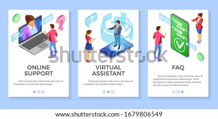 Online isometric customer support FAQ virtual assistant templates. Vertical banners call center smartphone laptop with woman man consultant headset rating chat icons. isolated vector illustration