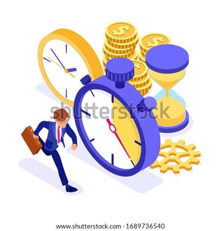 Planning schedule time management with stopwatch clock and hourglass businessman with briefcase in hurry before deadline time isometric infographics business isolated vector illustration