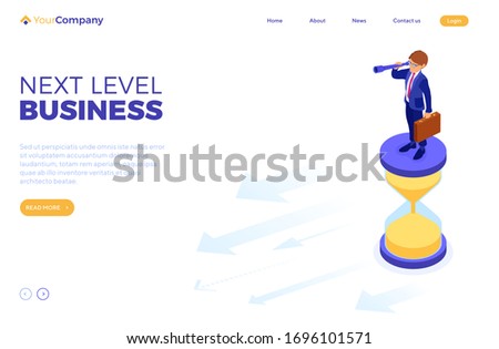 business success. isometric businessman stands on hourglass and looks through spyglass for new opportunities. time management, vision, planning, future trends, new horizons to your business. vector