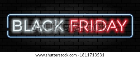 Black Friday Sale neon banner. Design signboard for blackfriday sale on brickwall texture. Glowing white and red neon letters in frame. Realistic vector illustration