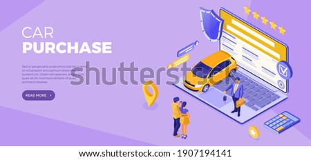 Online buy car Distance technology sale purchase car Auto rental carsharing Landing page advertising with car laptop dealer key couple with credit card Isometric vector illustration