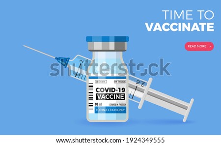 Covid-19 coronavirus vaccine. Syringe and vaccine vial flat icons. Treatment for coronavirus covid-19. Time to vaccinated. Isolated vector illustration