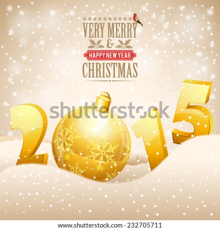 Christmas background with Retro Frame, Tree, Bullfinch and Stylized 2015. Vector Template for Cover, Flyer, Brochure.