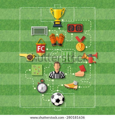 Football Poster with Flat style icons such as soccer ball, referee, trophy, red card. Can be used for flyer, poster and printing advertising. Vector Illustration.