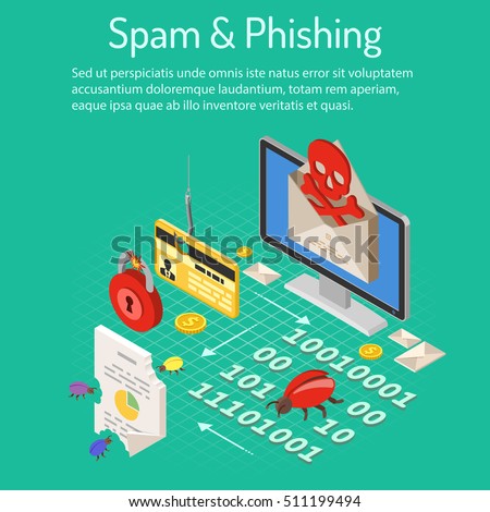 Internet security with Spam and Phishing Concept with isometric flat icons like spam, virus, credit card on hook and bugs. vector illustration.
